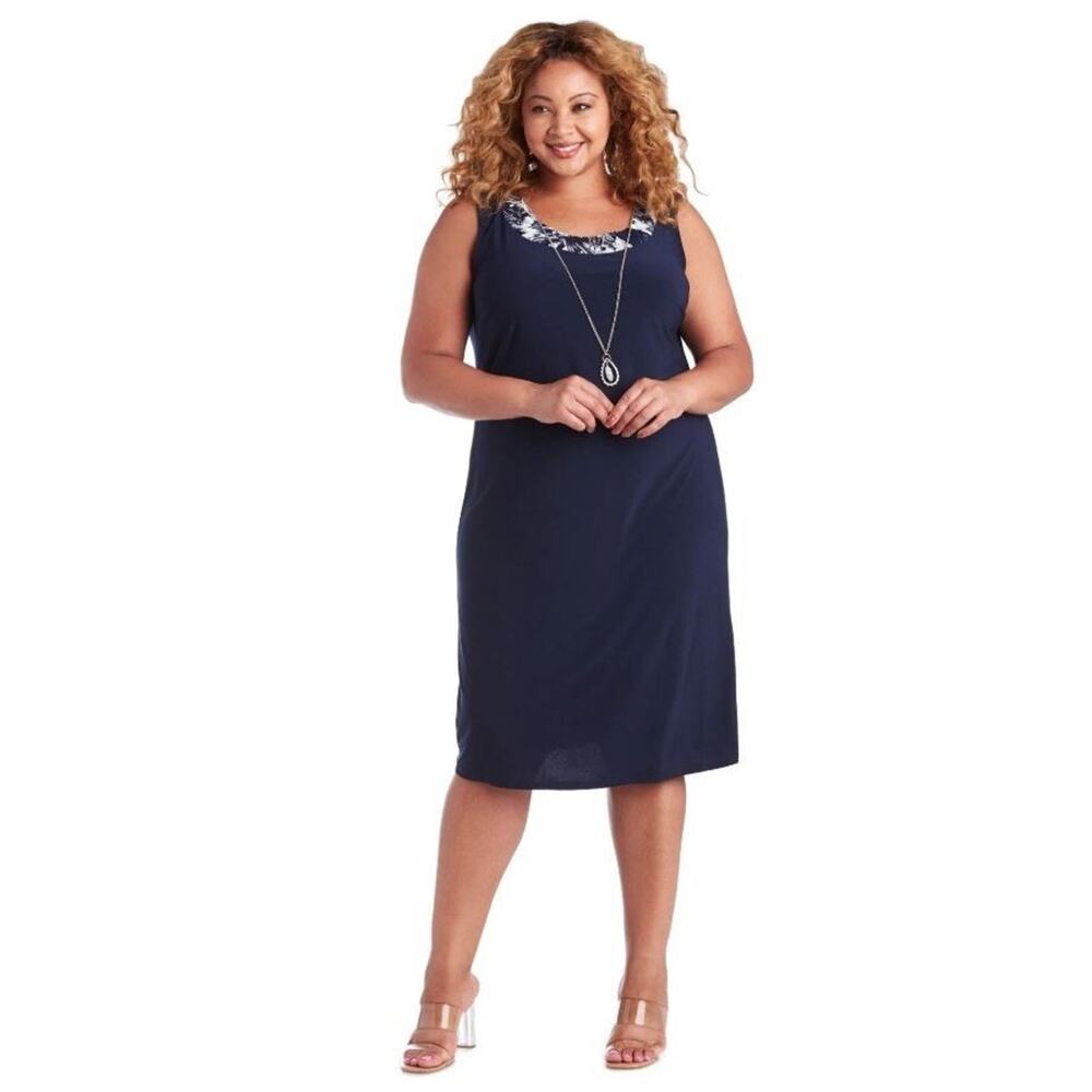 R&M Richards Plus Size Scoop Neck‎ Sleeveless A-Line Dress Necklace Navy 16W $79